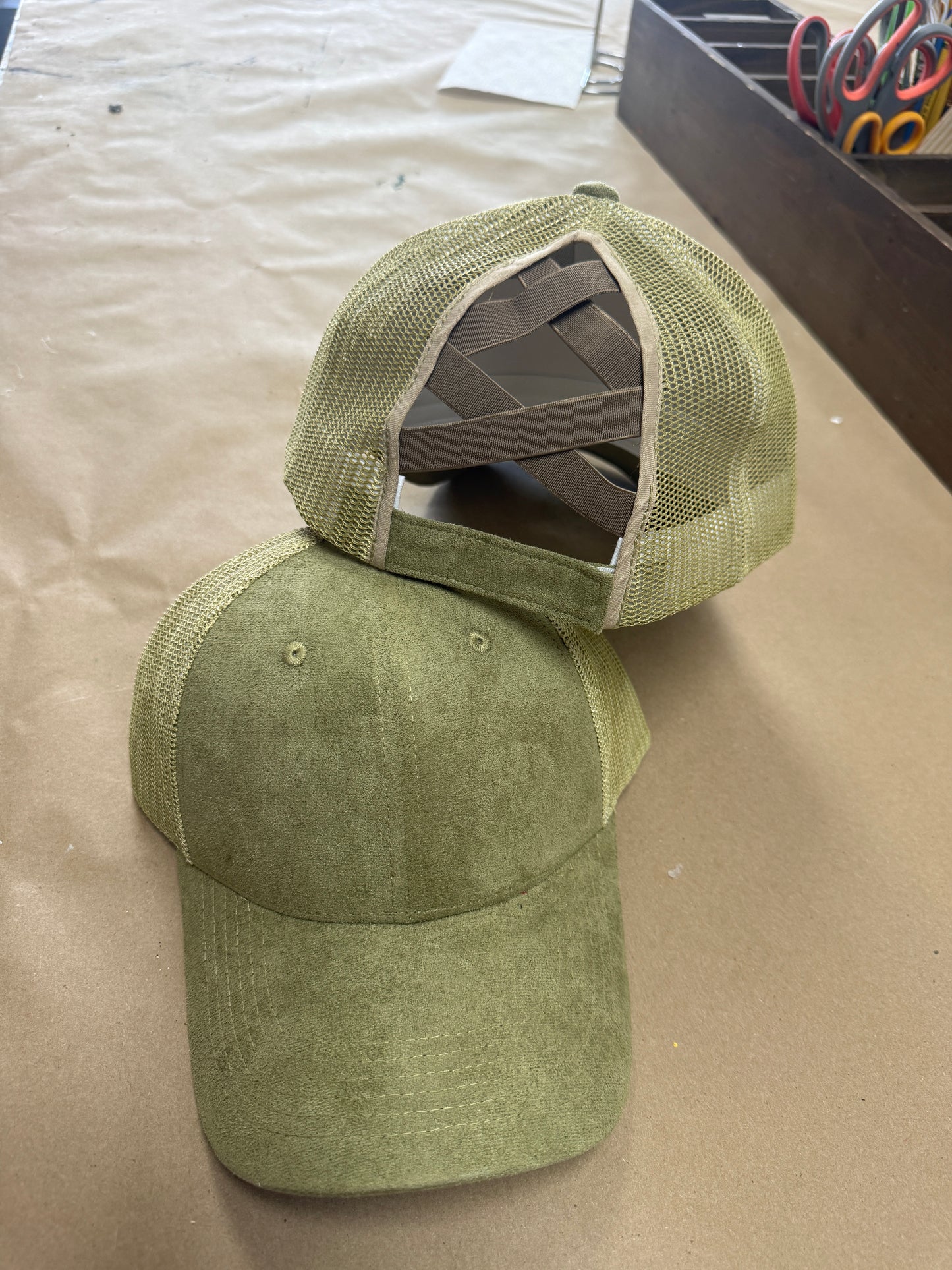 Olive Criss Cross Ponytail Hat – Adjustable Velcro Back