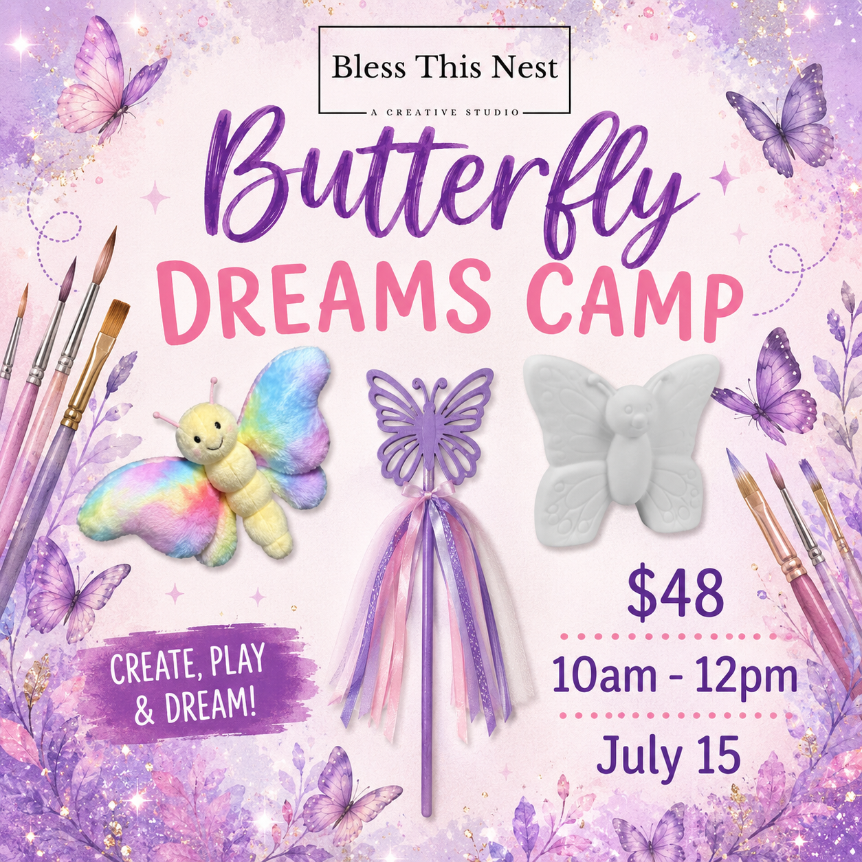 Butterfly Dreams Camp for kids ages 5 and up at Bless This Nest Studio in Lake Havasu featuring butterfly stuffy, ceramic painting, butterfly wand craft, games and summer fun.