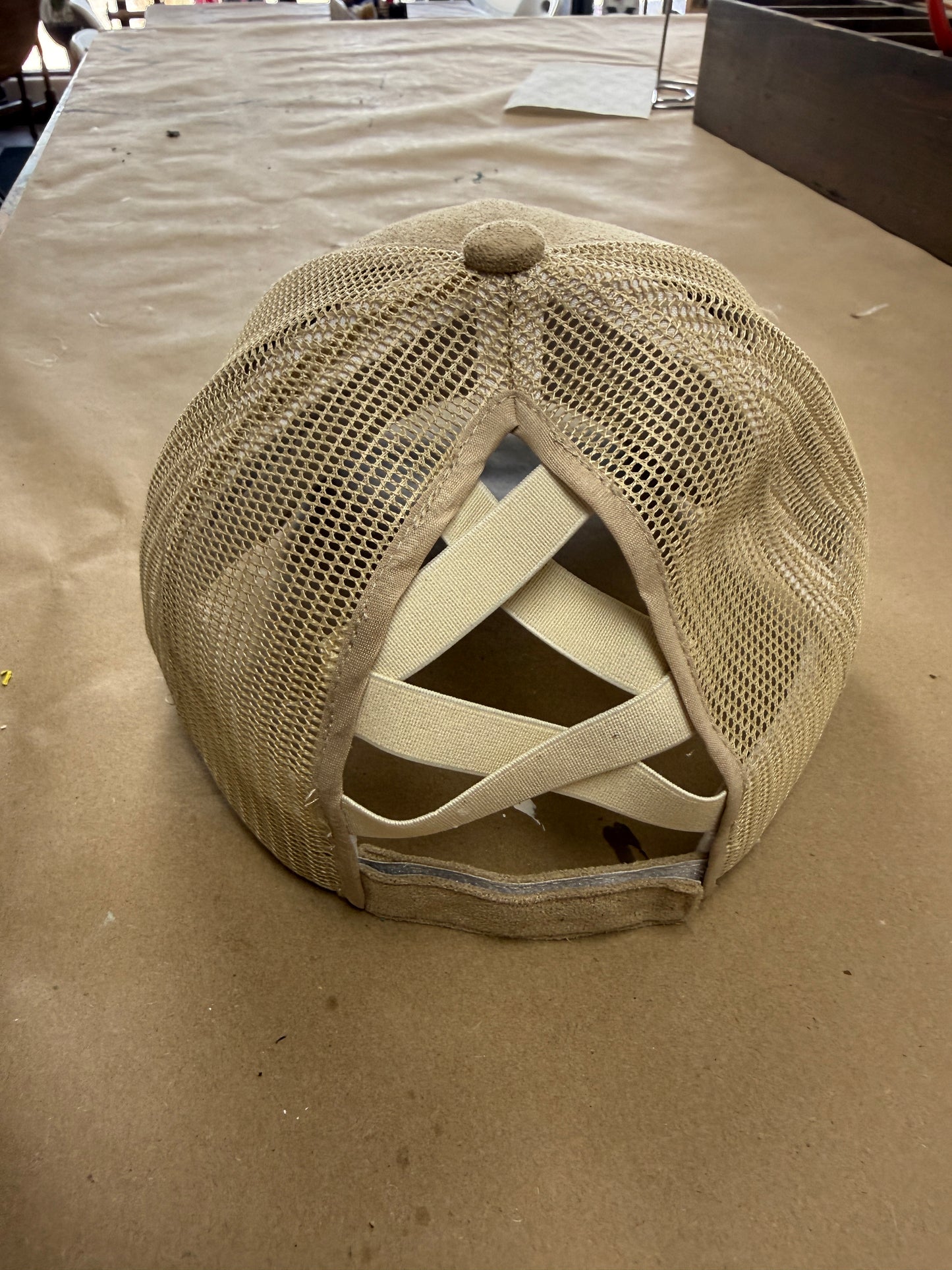 Tan Criss Cross Ponytail Hat – Adjustable Velcro Back