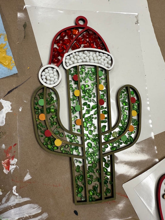 Faux Stained Glass - Cactus with Santa Hat
