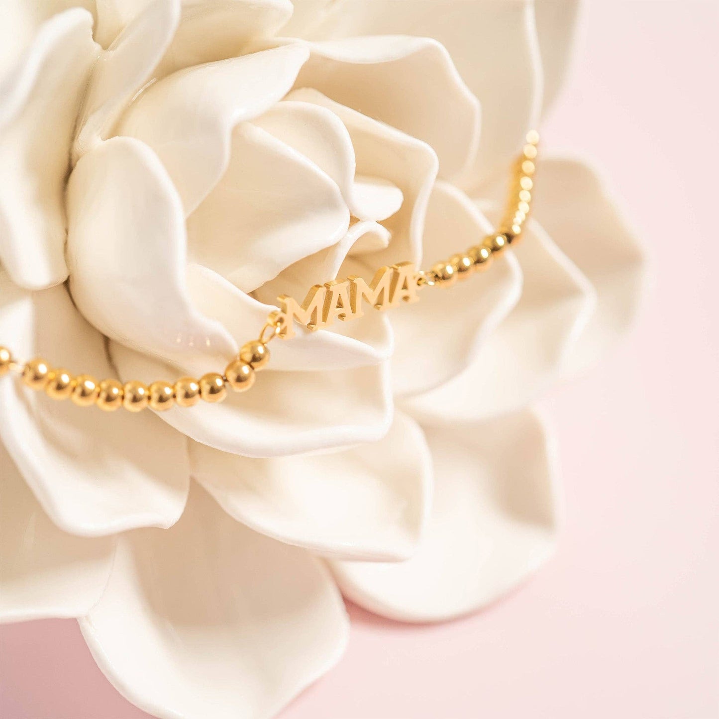 18K Gold PVD Stainless Steel "Mama" Beaded Charm Bracelet