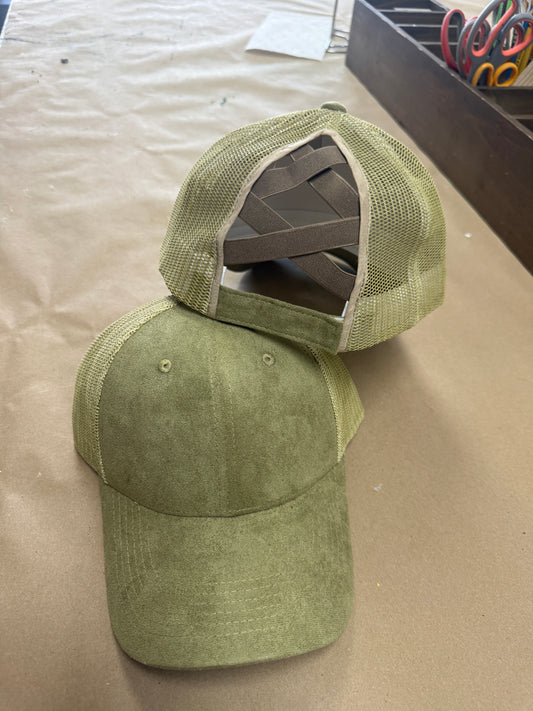 Olive Criss Cross Ponytail Hat – Adjustable Velcro Back