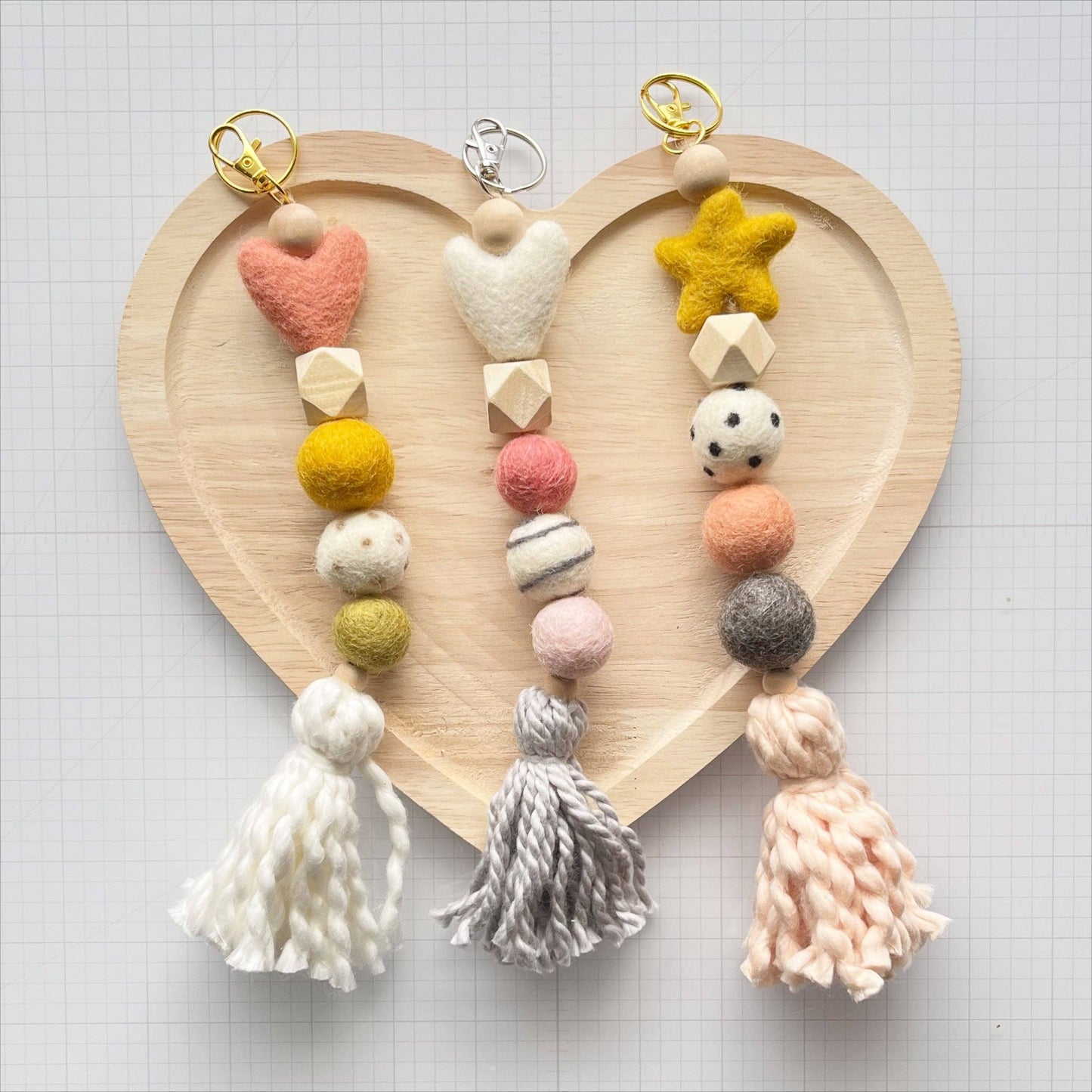 Felt Ball and Wood Bead Keychain Craft Kit With White Heart