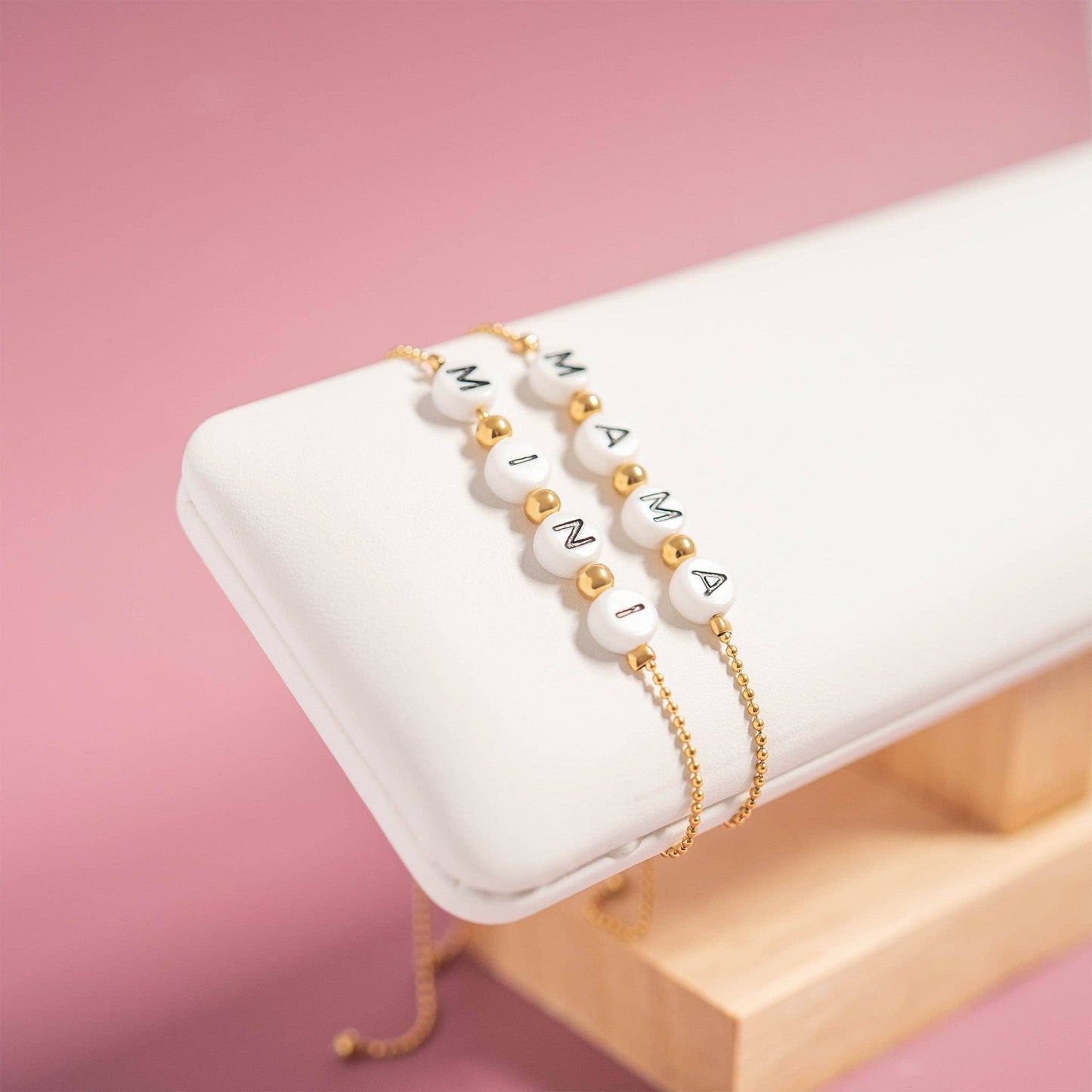 18K Gold PVD Stainless Steel "Mama" Beaded Charm Bracelet