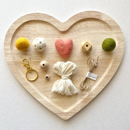 Felt Ball and Wood Bead Keychain Craft Kit With Pink Heart