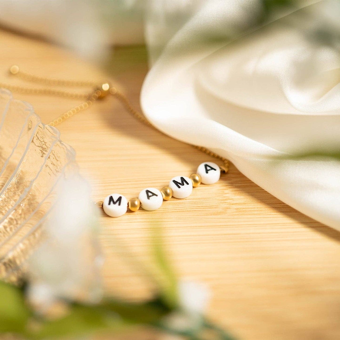 18K Gold PVD Stainless Steel "Mama" Beaded Charm Bracelet