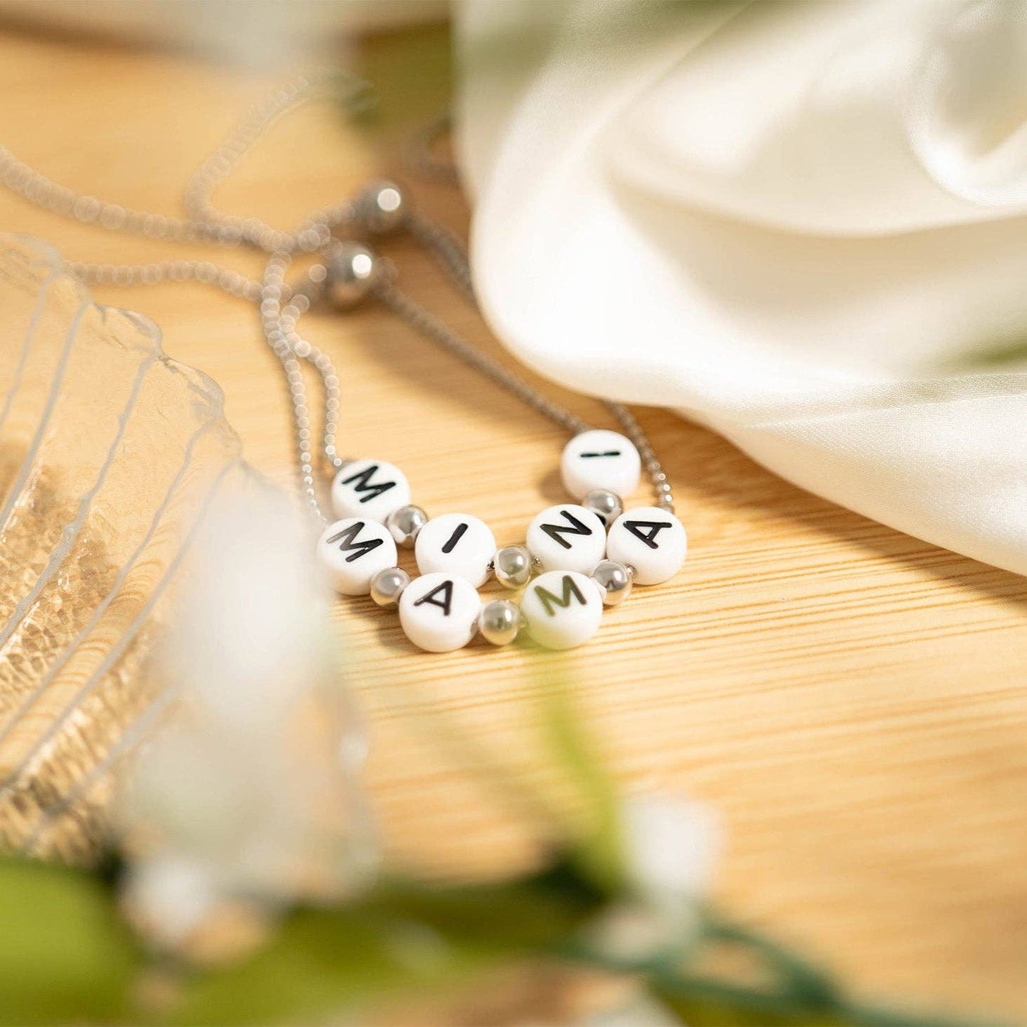 18K Gold PVD Stainless Steel "Mama" Beaded Charm Bracelet