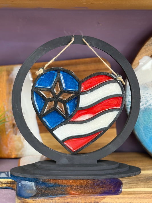 Faux Stained Glass - Heart American Flag with Stand