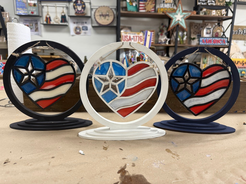 Faux Stained Glass - Heart American Flag with Stand