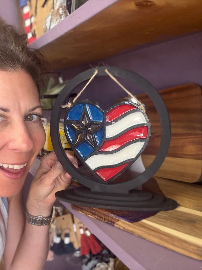 Faux Stained Glass - Heart American Flag with Stand