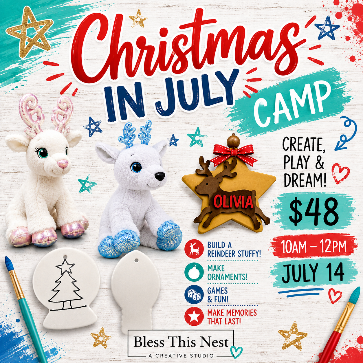 Christmas in July Camp for kids at Bless This Nest Studio featuring reindeer stuffy, ceramic ornament painting, personalized wood ornament craft, games, and holiday-themed summer fun in Lake Havasu.