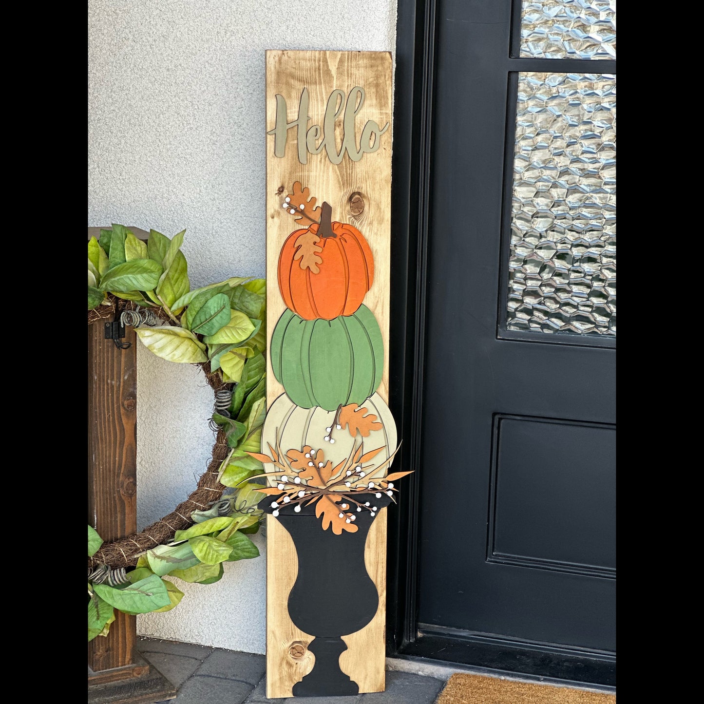 Hello with Stacked Pumpkins Porch Sign