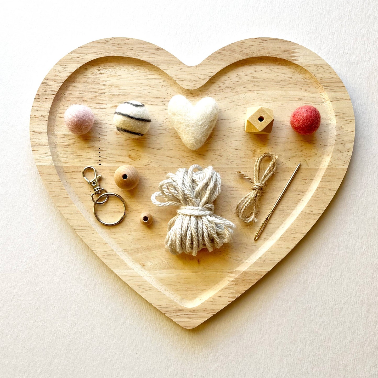 Felt Ball and Wood Bead Keychain Craft Kit With White Heart