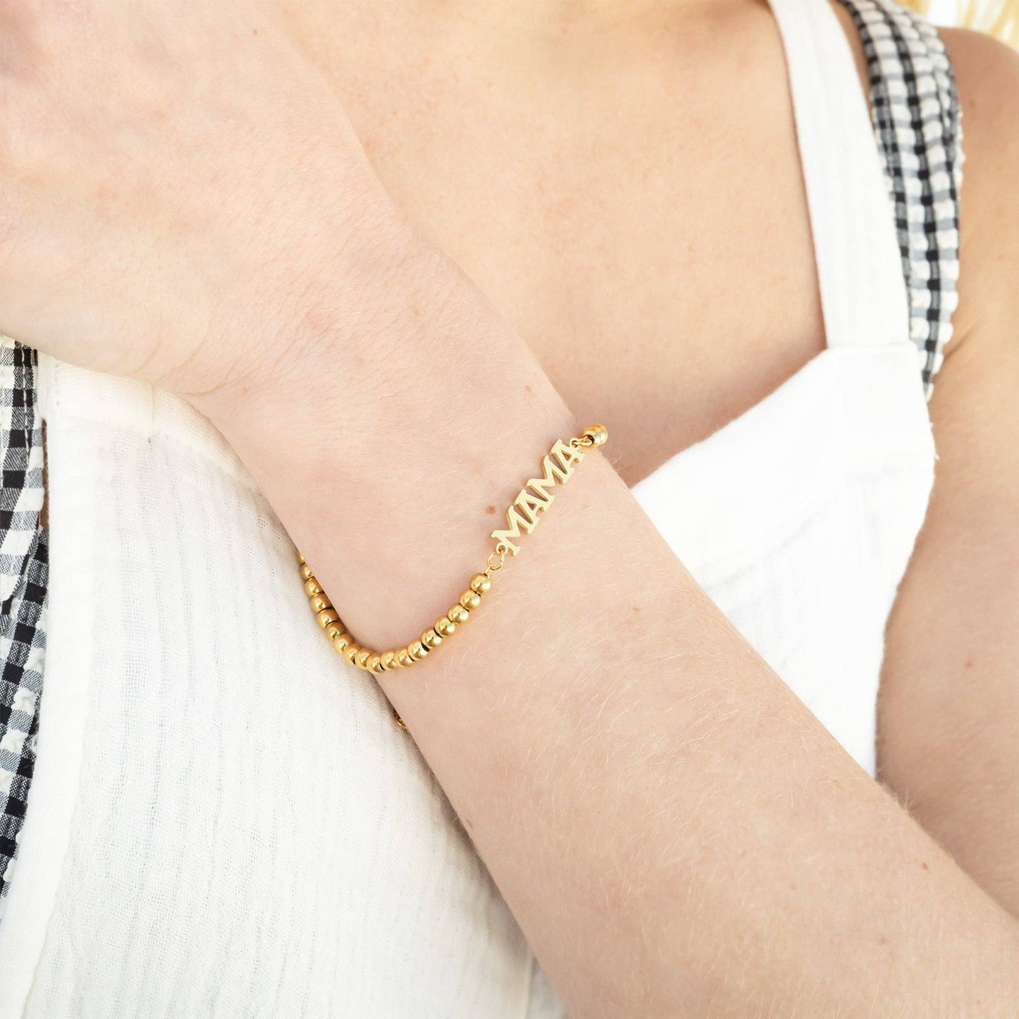 18K Gold PVD Stainless Steel "Mama" Beaded Charm Bracelet