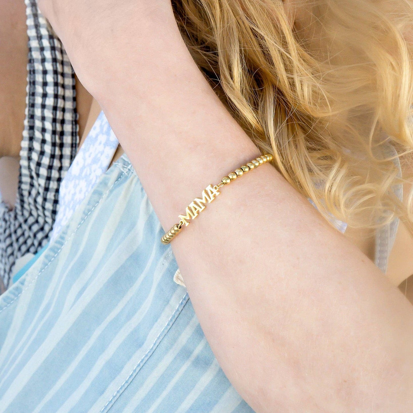 18K Gold PVD Stainless Steel "Mama" Beaded Charm Bracelet