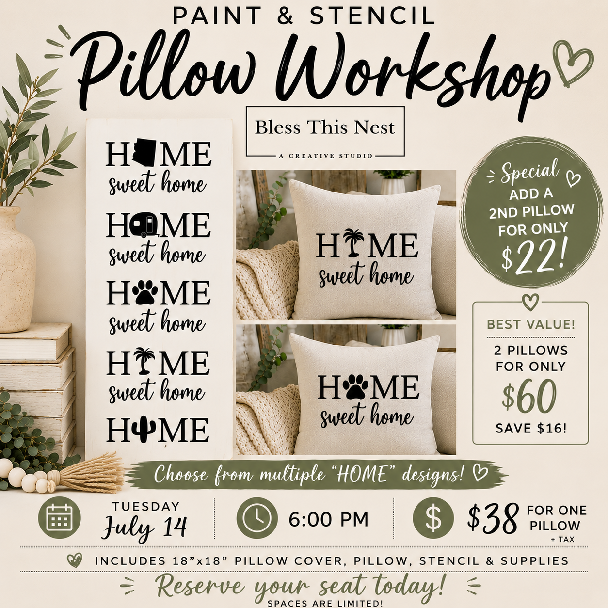 Paint & Stencil Pillow Workshop - 7/14